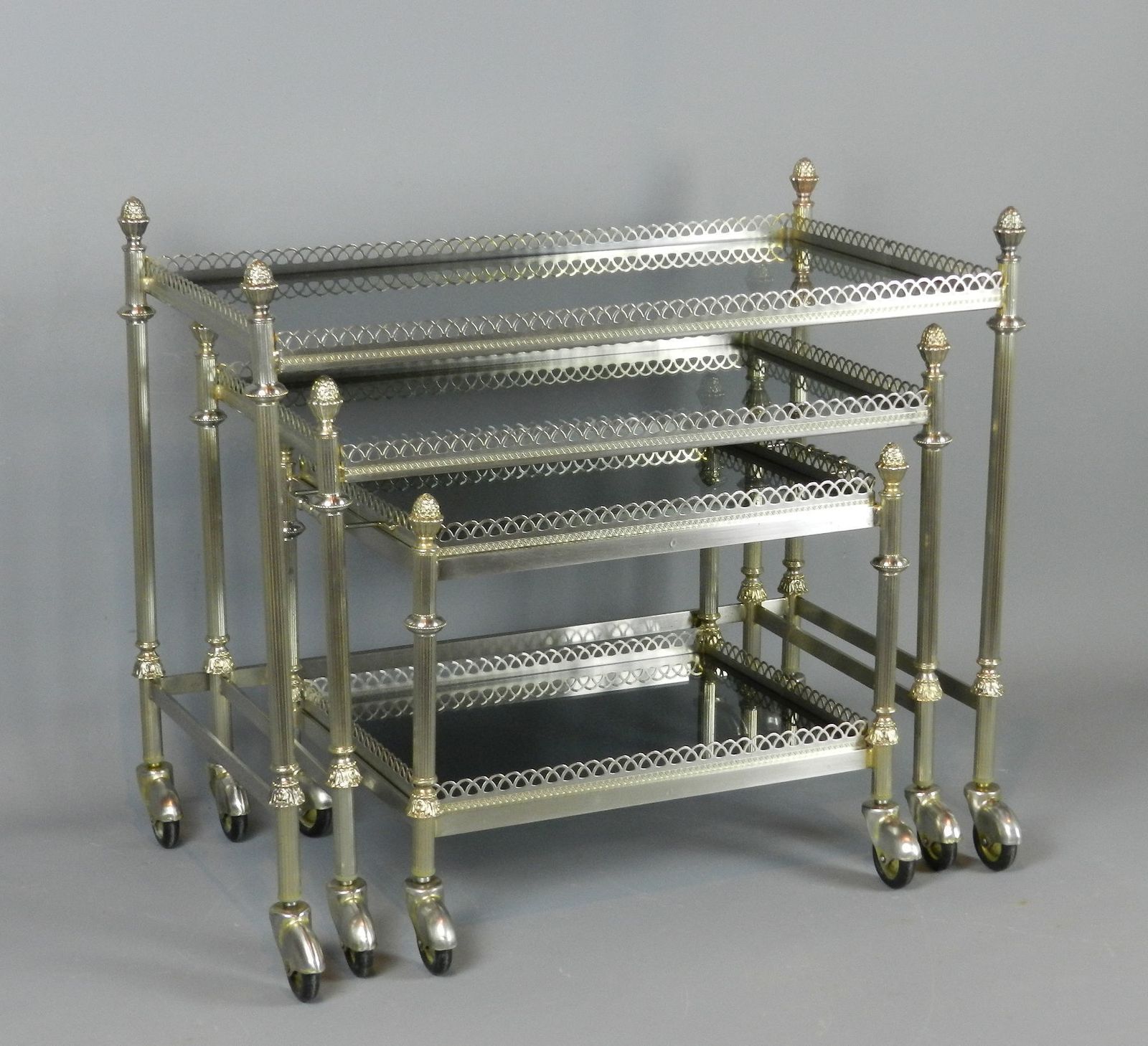 Nest Of French Tables/Trolleys/Bar Carts With Smoked Glass Tops