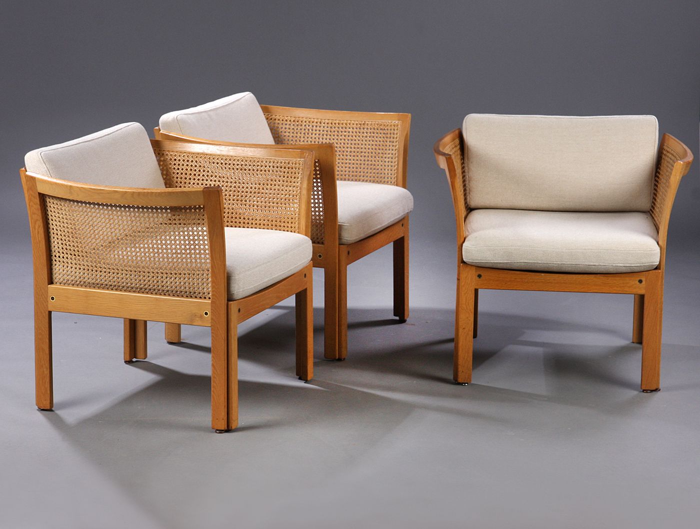 1960s Illum Vikkelso Set Of Three Danish Plexus Easy Chairs In Oak And Grey Fabric