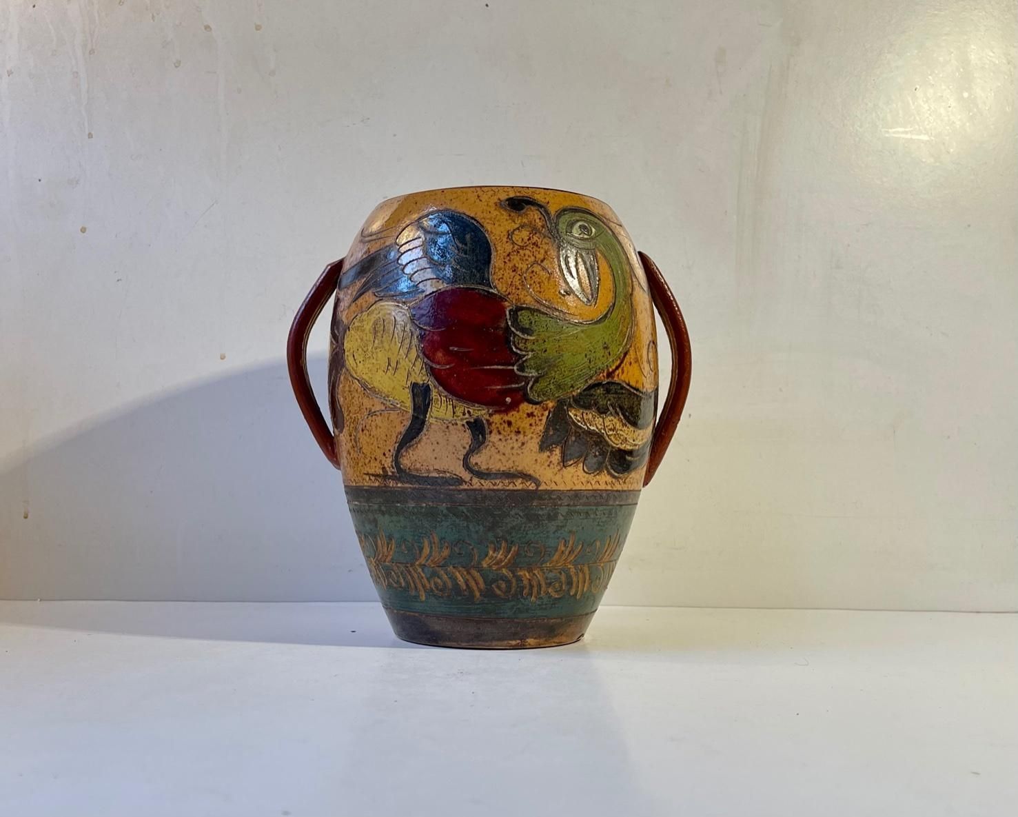 Antique Italian Terracotta Urn With Roosters In Majolica, 18th/19th Century photo buy