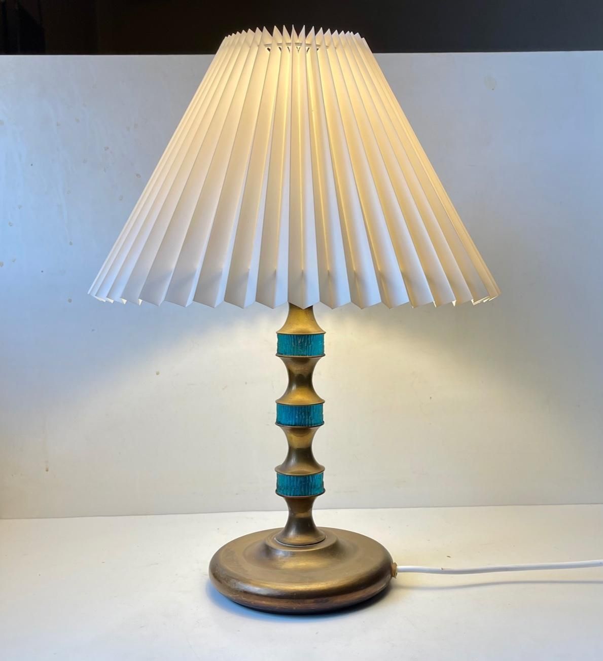Scandinavian Modern Table Lamp In Brass & Blue Glass By Vitrika, 1960s photo furniture