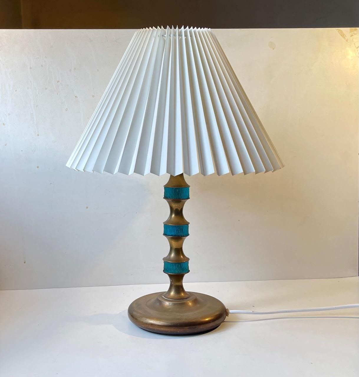Scandinavian Modern Table Lamp In Brass & Blue Glass By Vitrika, 1960s photo for sale
