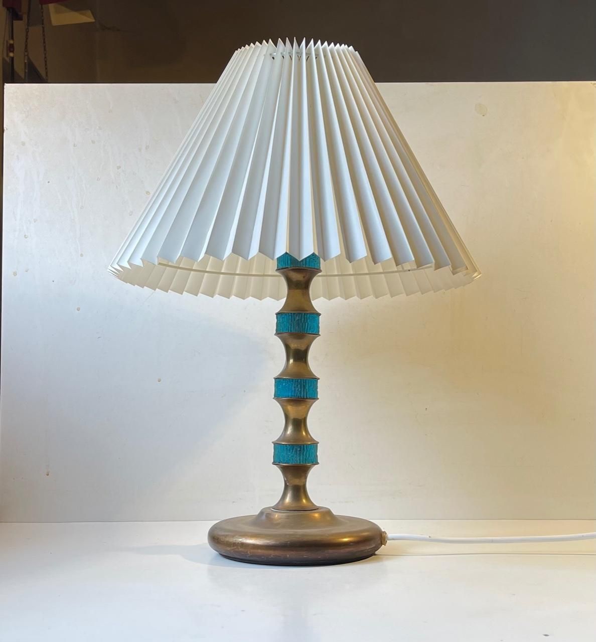 photo for sale Scandinavian Modern Table Lamp In Brass & Blue Glass By Vitrika, 1960s