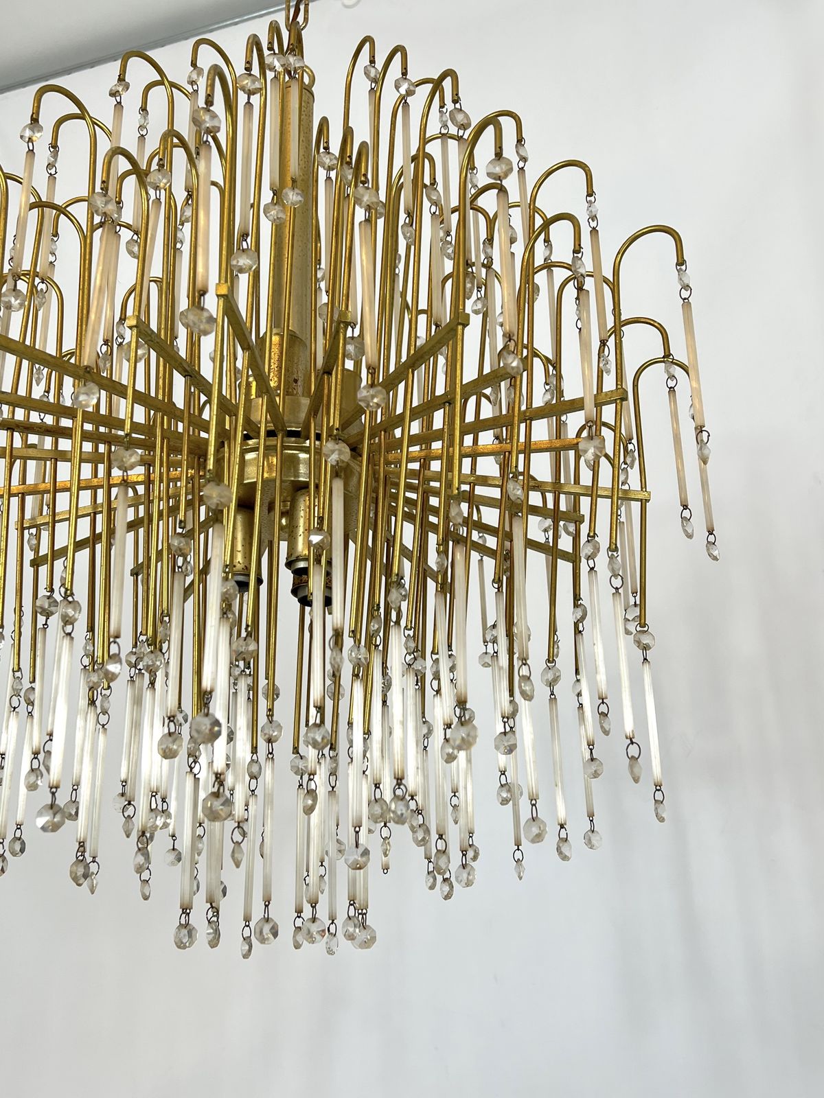 photo furniture Mid Century, Italian Brass And Glass Chandelier From 70s