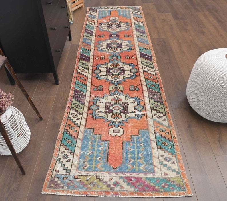Vintage Turkish Oushak Runner Handmade Wool Carpet  Orange Tribal Kitchen Hallway Rug  Farmhouse Decor  One Of A Kind  Anatolian