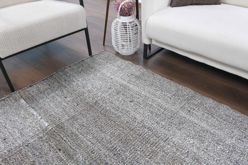 Vintage Turkish Kilim Area Rug  Oushak Handmade Wool Gray Carpet  Flatweave   Farmhouse Decor  One Of A Kind  Bohemian  Anatolia photo vinterior
