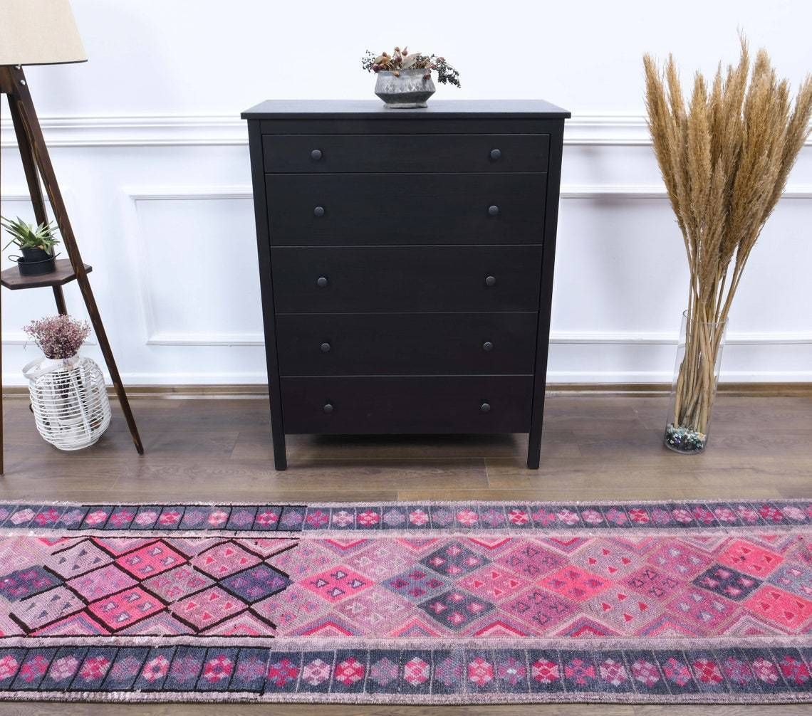 Vintage Turkish Runner Oushak Handmade Wool Rug Purple Hand Knotted Herki Carpet Hallway Rugs Farmhouse Decor One Of A Kind photo for sale