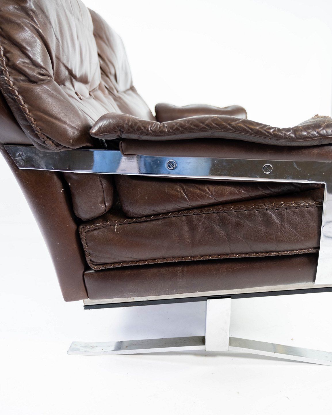 Two Seater Sofa In Brown Patinated Leather And Metal Frame, Designed By Arne Norell From The 1970s. photo vinterior