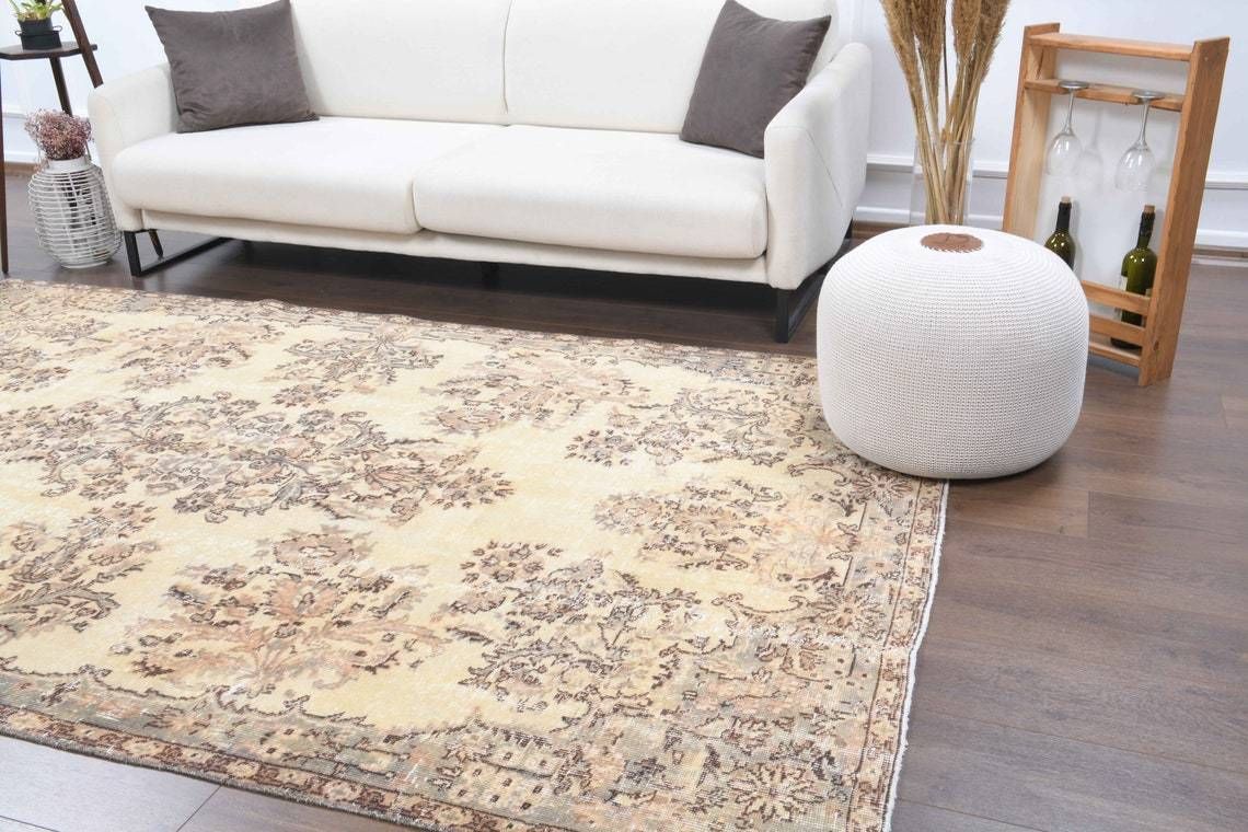 6x9 Antique Turkish Area Rug, Oushak Handmade Wool Beige Oriental Rugs, Farmhouse Decor, One Of A Kind, Bohemian, Made In Turkey, Carpet photo furniture