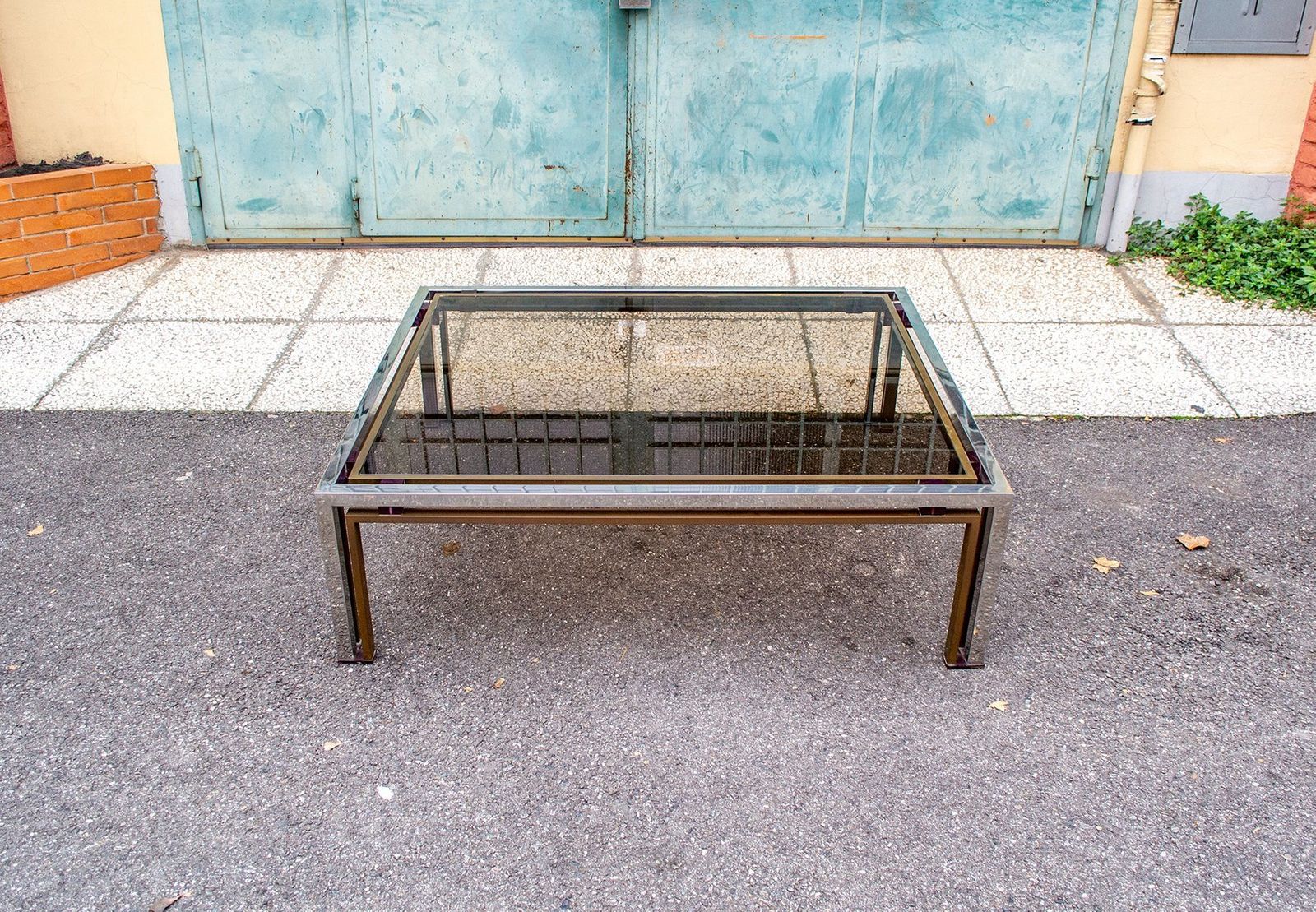 Coffee Table In Steel And Brass With Acrylic Glass Decorations, Italy, 1970s photo furniture