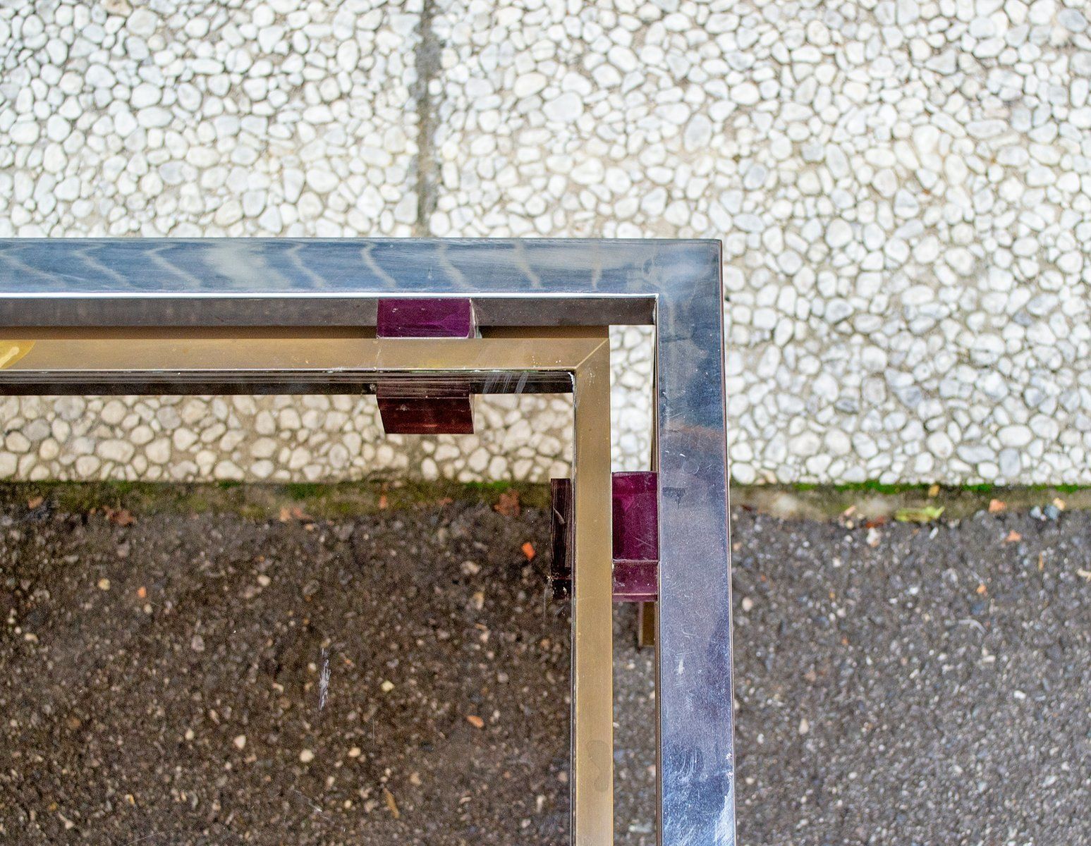 Coffee Table In Steel And Brass With Acrylic Glass Decorations, Italy, 1970s photo for sale