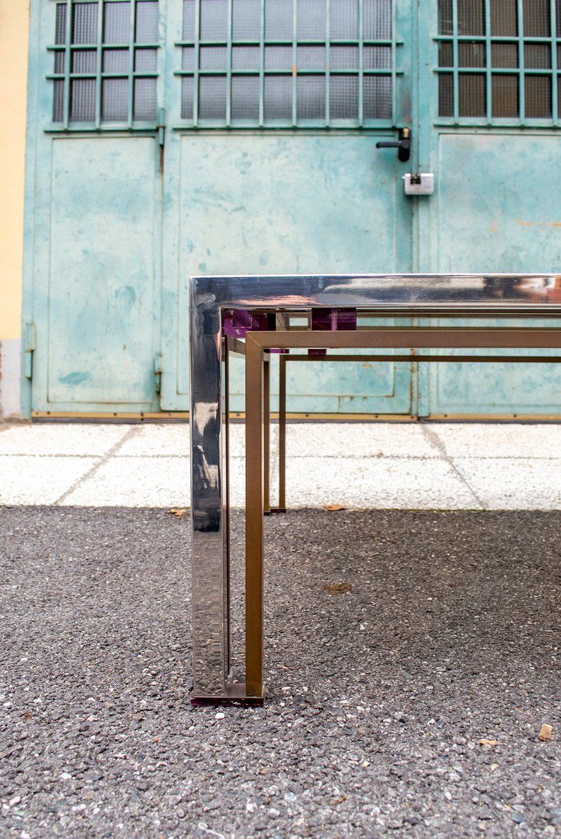 Coffee Table In Steel And Brass With Acrylic Glass Decorations, Italy, 1970s photo 1926.08