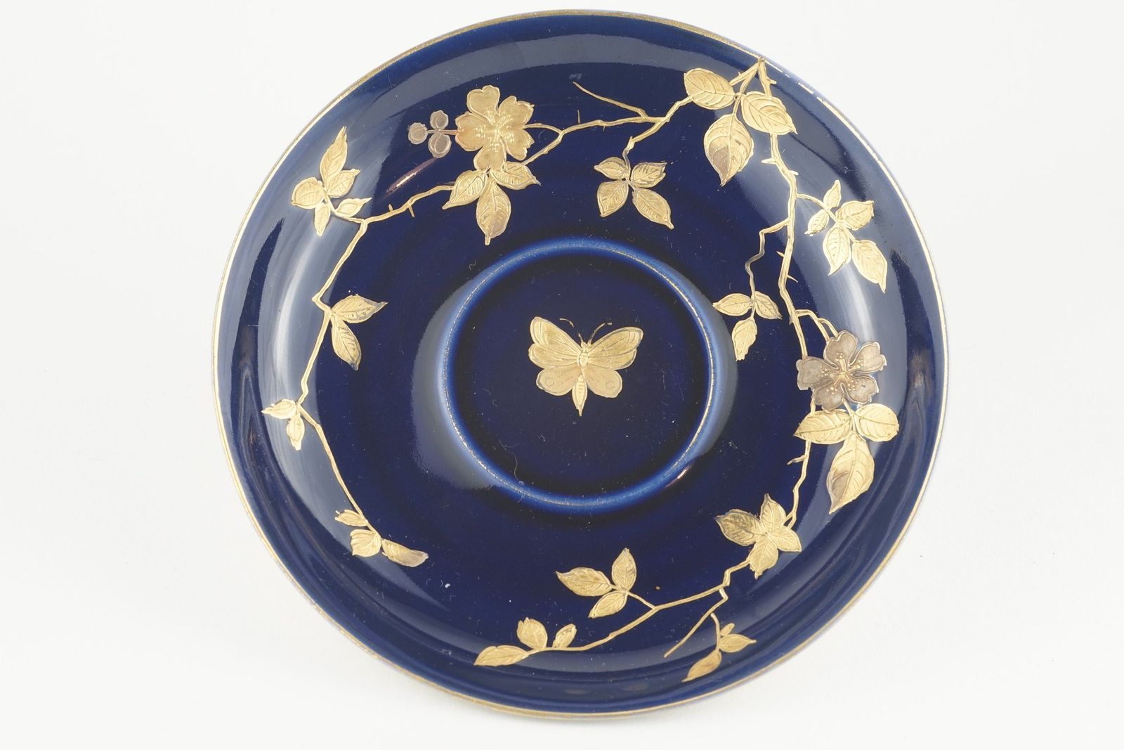Six Beautiful Pirkenhammer Cobalt And Gold Saucers With Insects And Flowers Numbered 2602 photo buy
