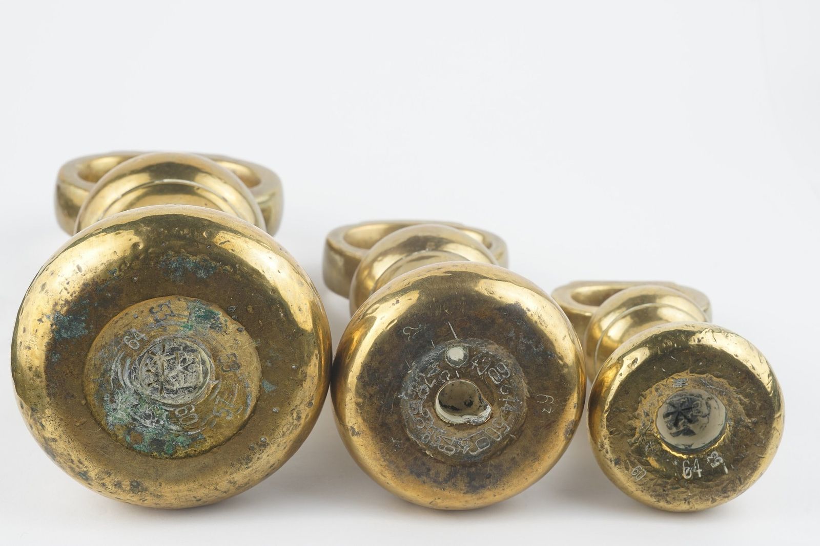 Gorgeous Set Of 1853 English Victorian Brass Bell Weights Weighing 2, 4 And 7 Pounds photo furniture