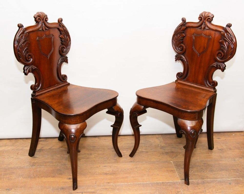 Pair Victorian Hall Chairs   Antique 1840 Carved Seats