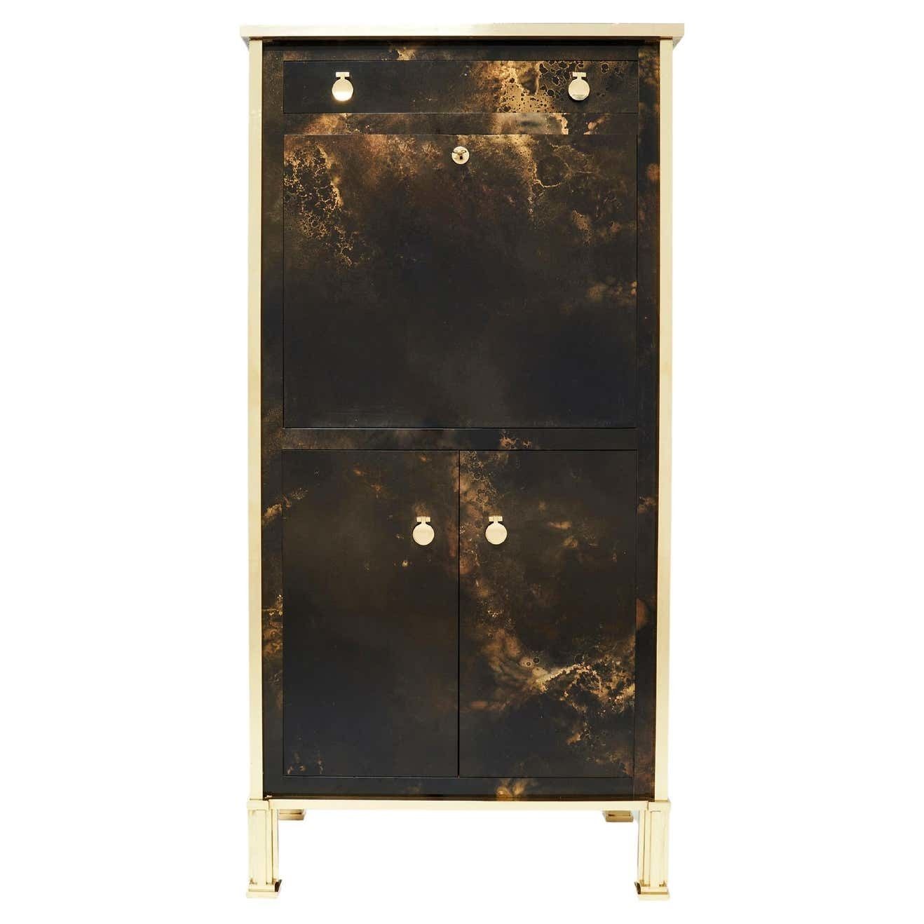 Rare Golden Lacquer And Brass Maison Jansen Secretary Cabinet 1970s
