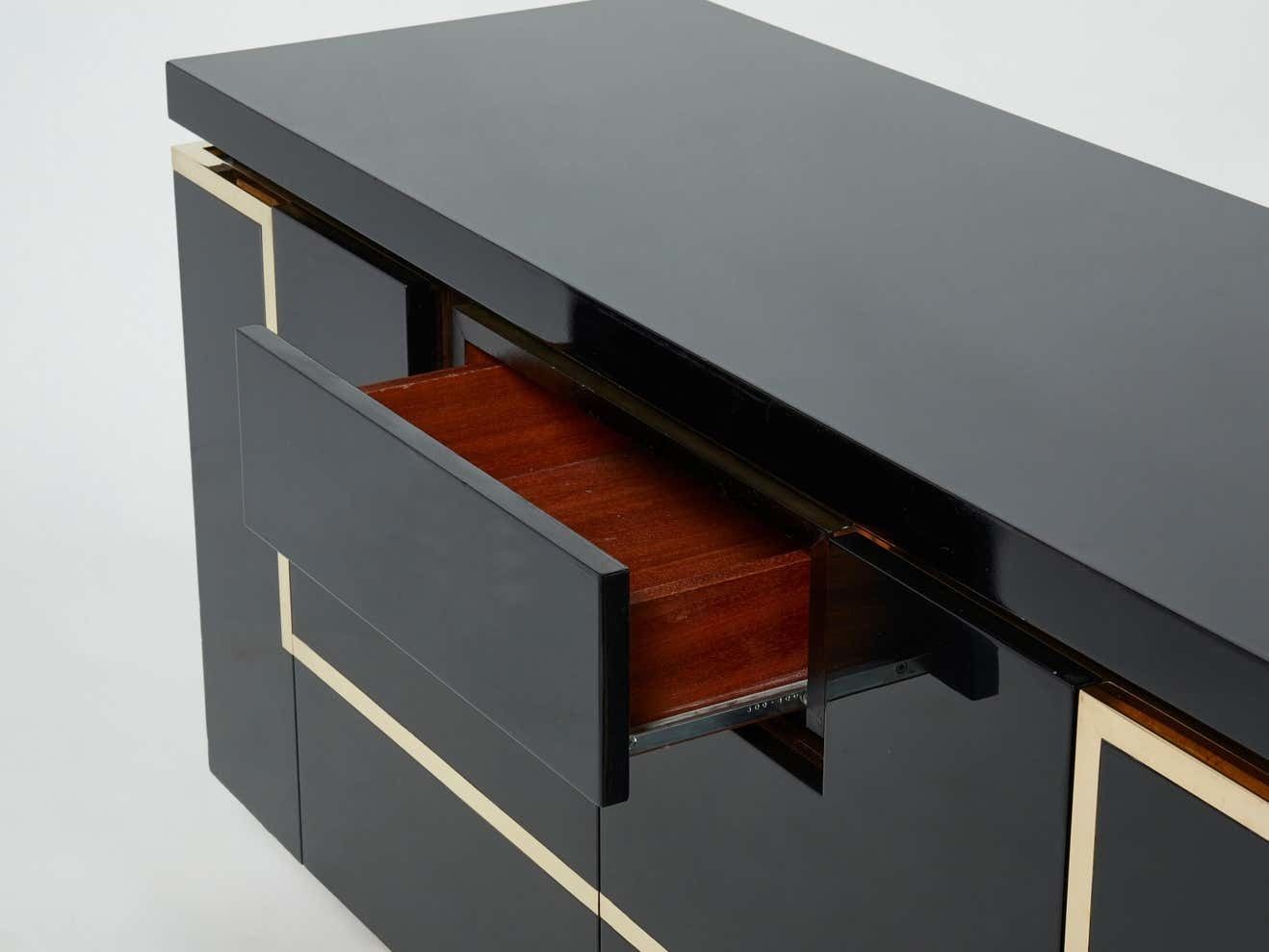 J.C. Mahey Brass Black Lacquered Sideboard Bar Cabinet 1970s photo vintage