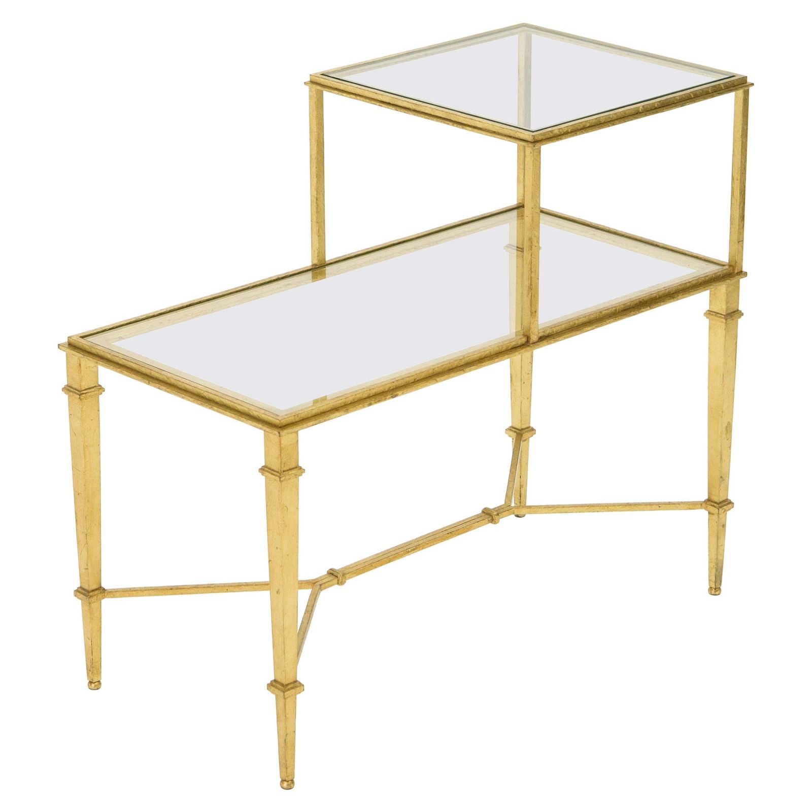 Table d'appoint à deux plateaux en verre et fer forgé doré Roger Thibier, années 1960