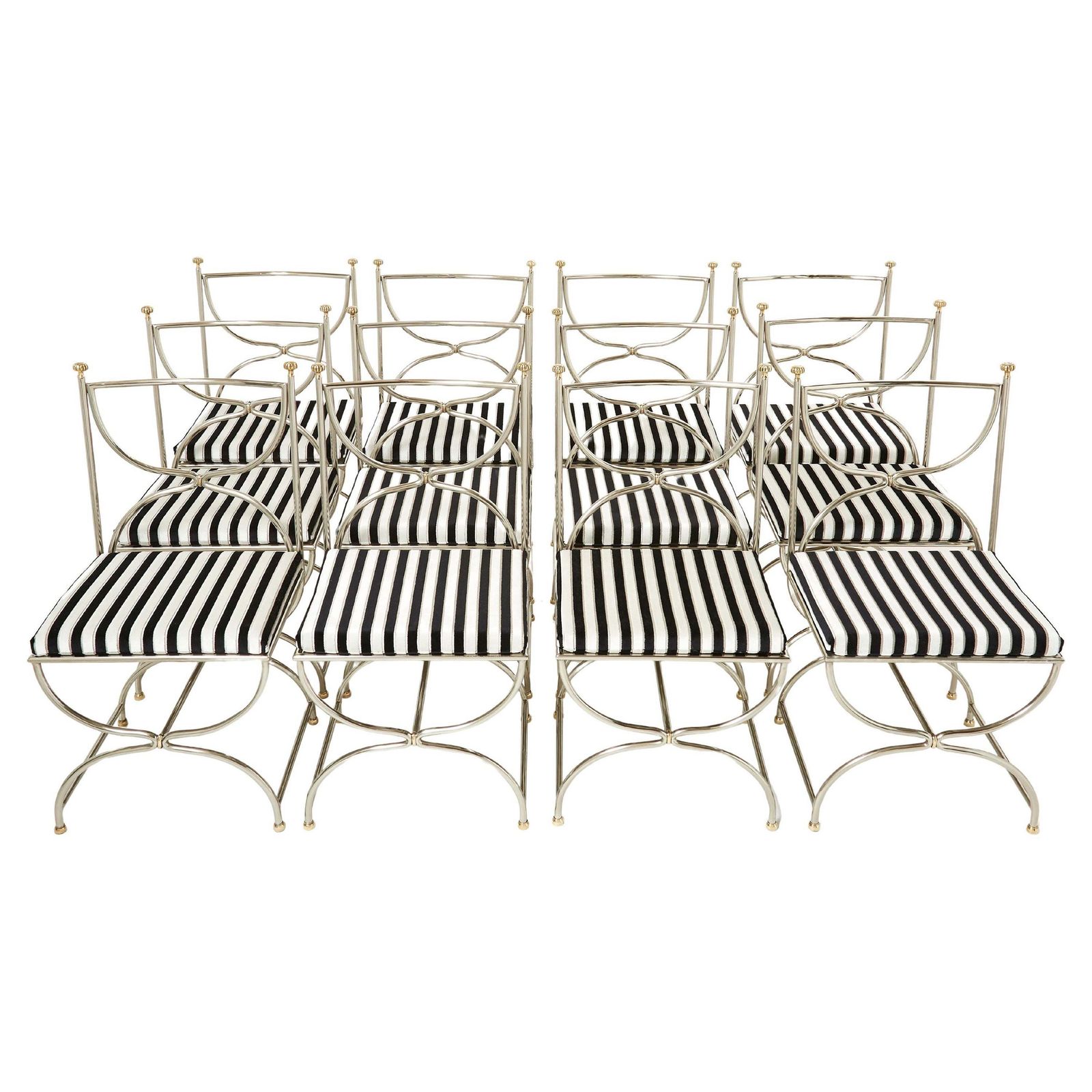 Set Of Twelve Steel Brass Velvet Curule Chairs By Maison Jansen, 1960s