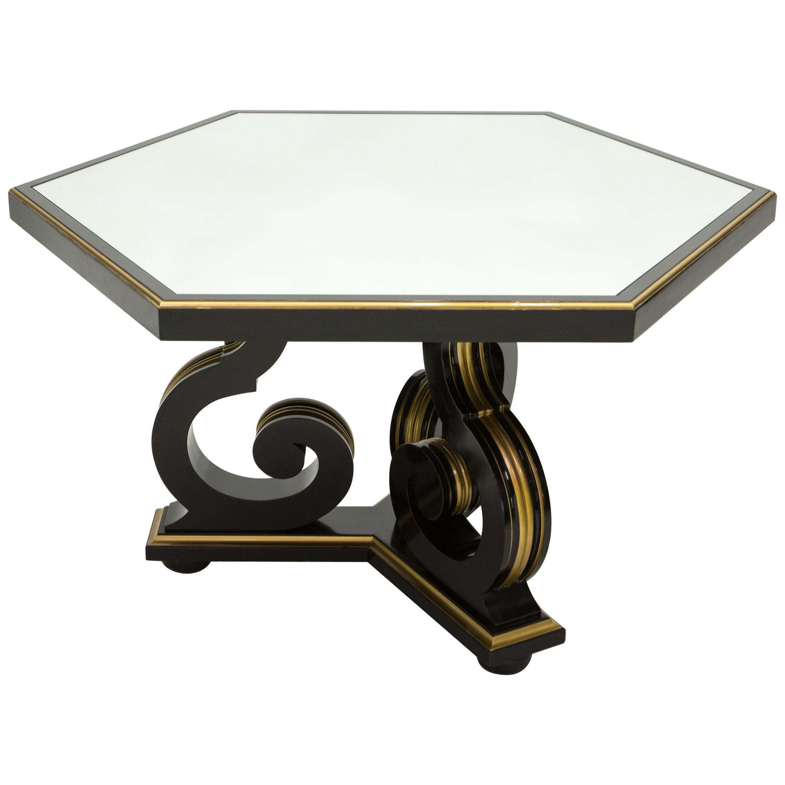 Table Maurice Hirsch néoclassique noire dorée à plateau miroir, années 1970