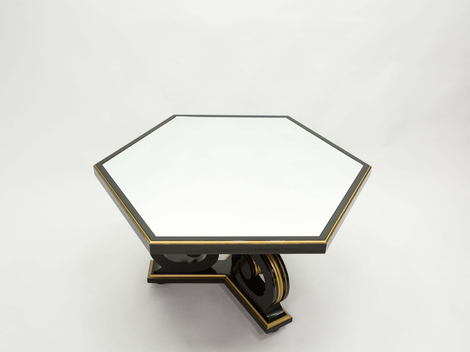 Table Maurice Hirsch néoclassique noire dorée à plateau miroir, années 1970 photo furniture