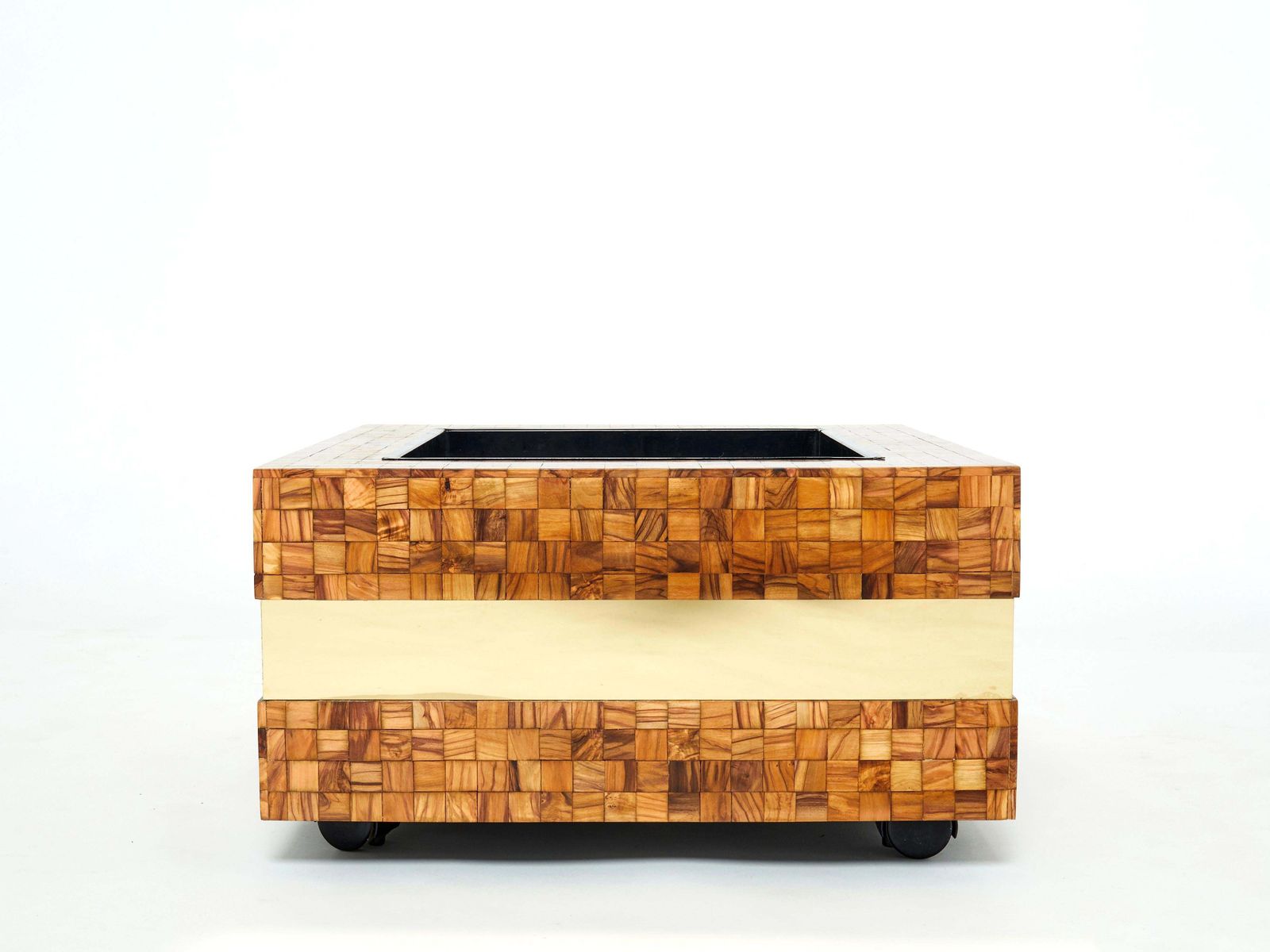 Table de bar ou jardinière Sandro Petti en marqueterie de bois d'olivier et laiton, années 1970 photo for sale