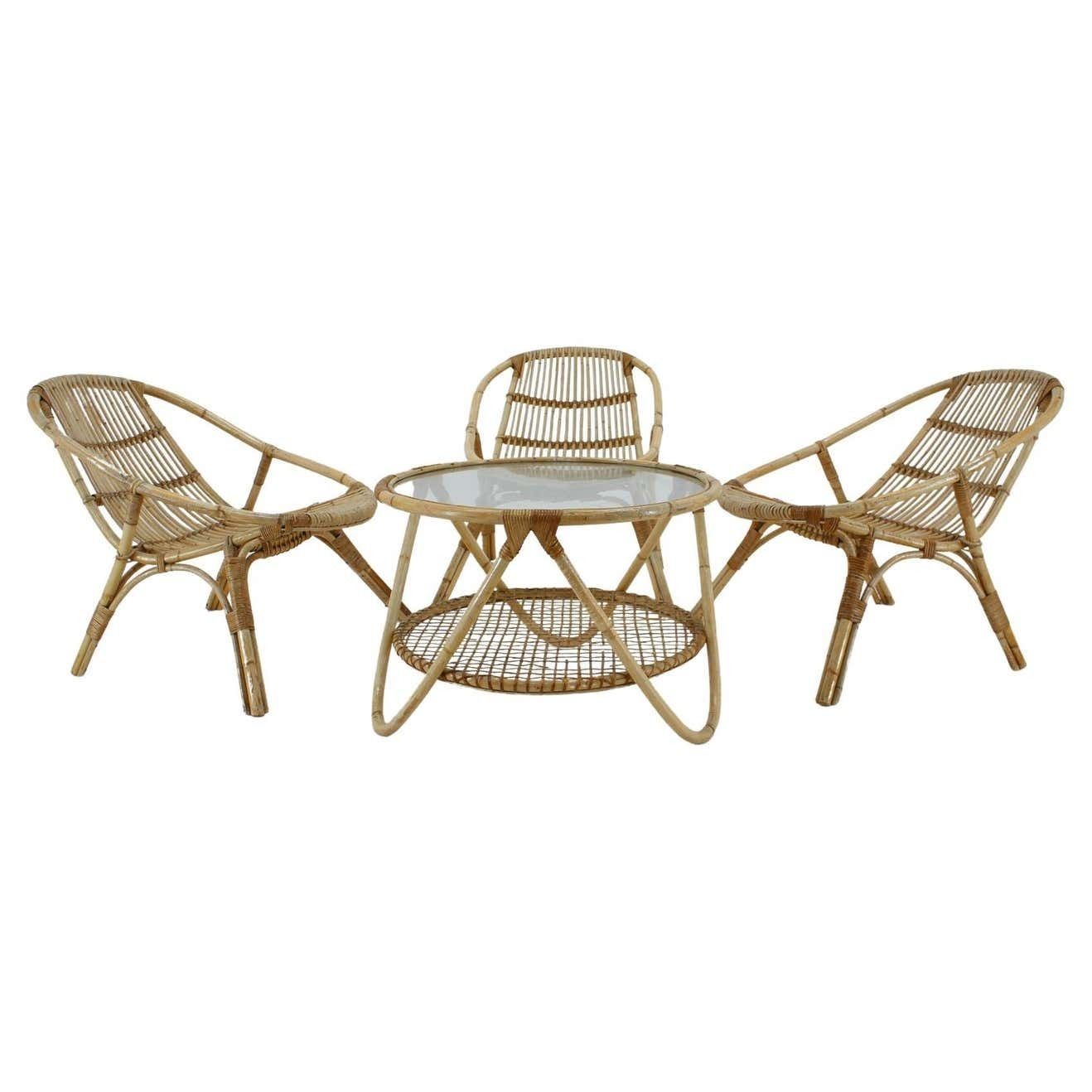 Set Of Garden Or Interior Rattan Table And Three Armchairs By Alan Fuchs   1970s