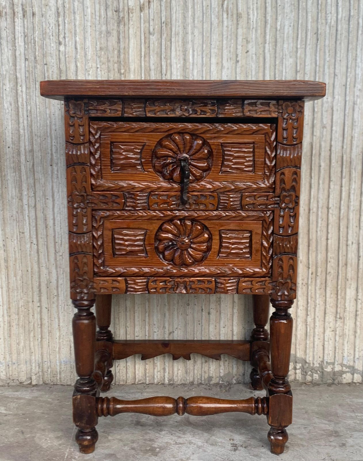 Antique Spanish Carved Walnut End Table Or Nightstand With 2 Drawers photo furniture