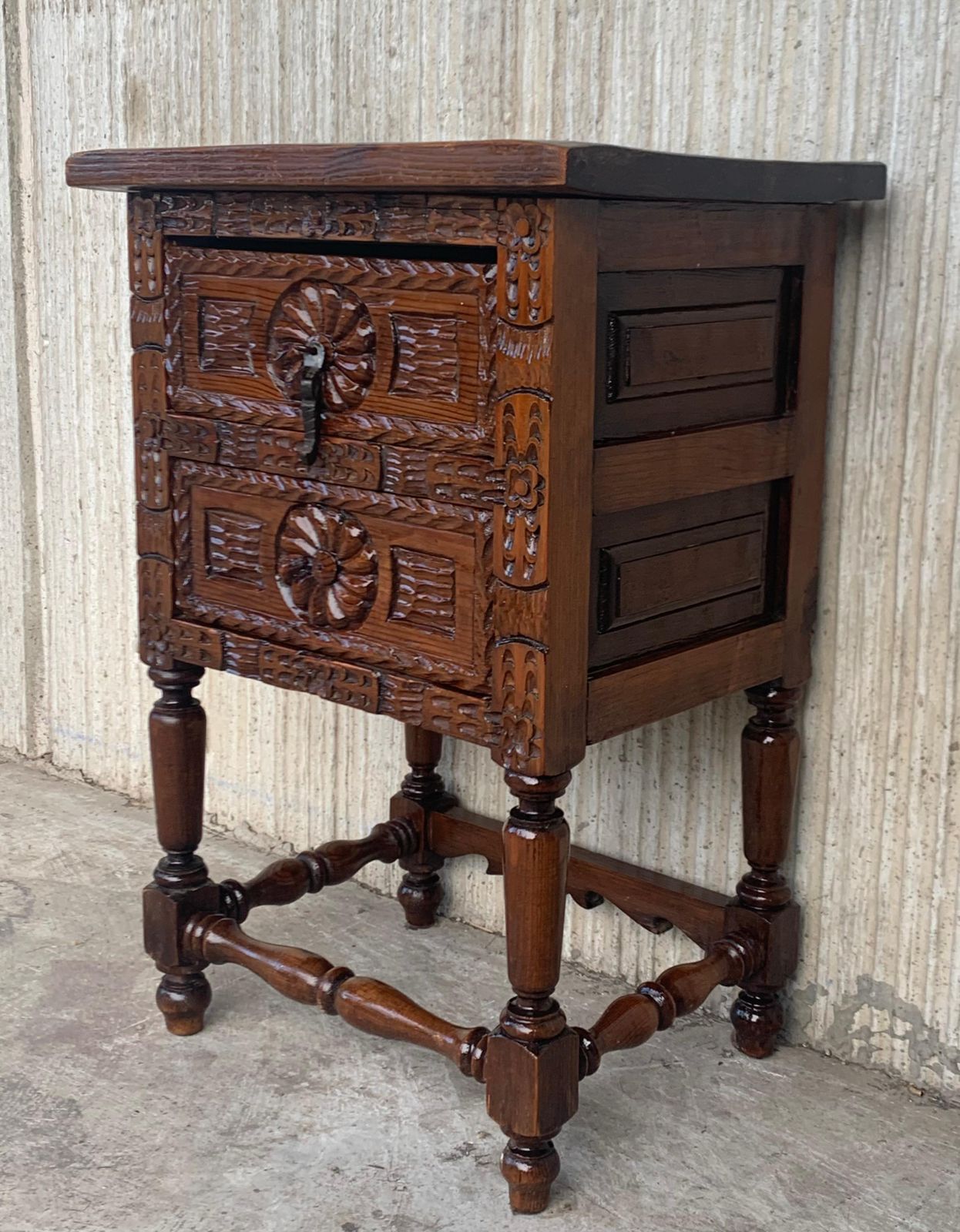 Antique Spanish Carved Walnut End Table Or Nightstand With 2 Drawers photo Furniture