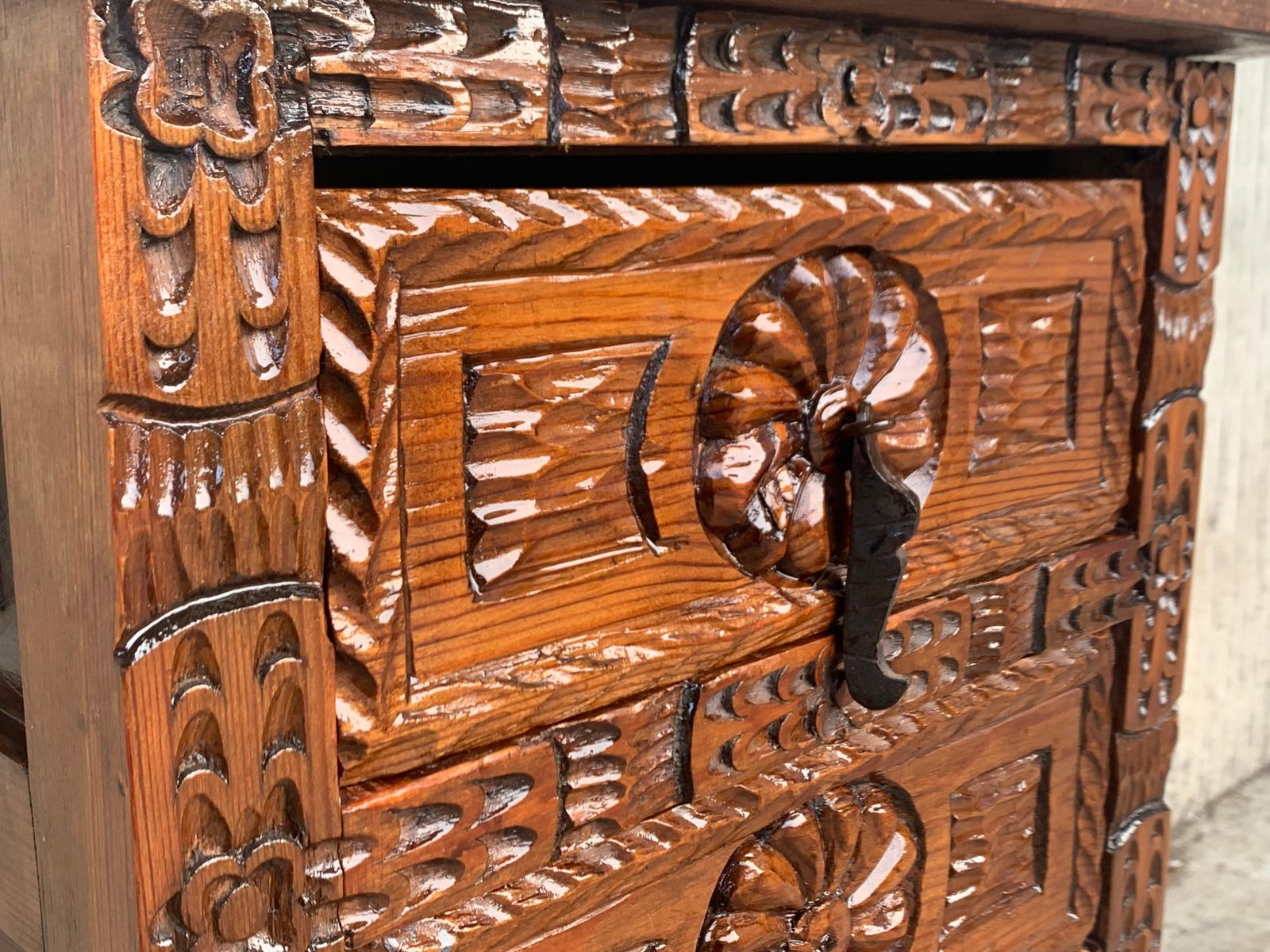 Antique Spanish Carved Walnut End Table Or Nightstand With 2 Drawers photo vintage