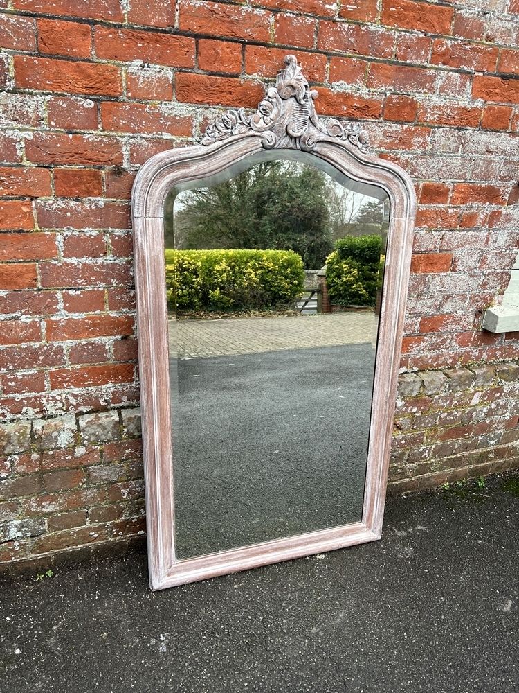 A Wonderful Large Antique French 19th Century Carved Wood Shaped Top Painted Mirror.