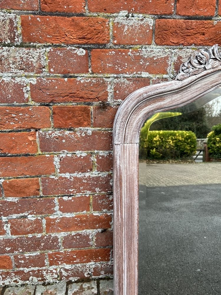 A Wonderful Large Antique French 19th Century Carved Wood Shaped Top Painted Mirror. photo furniture
