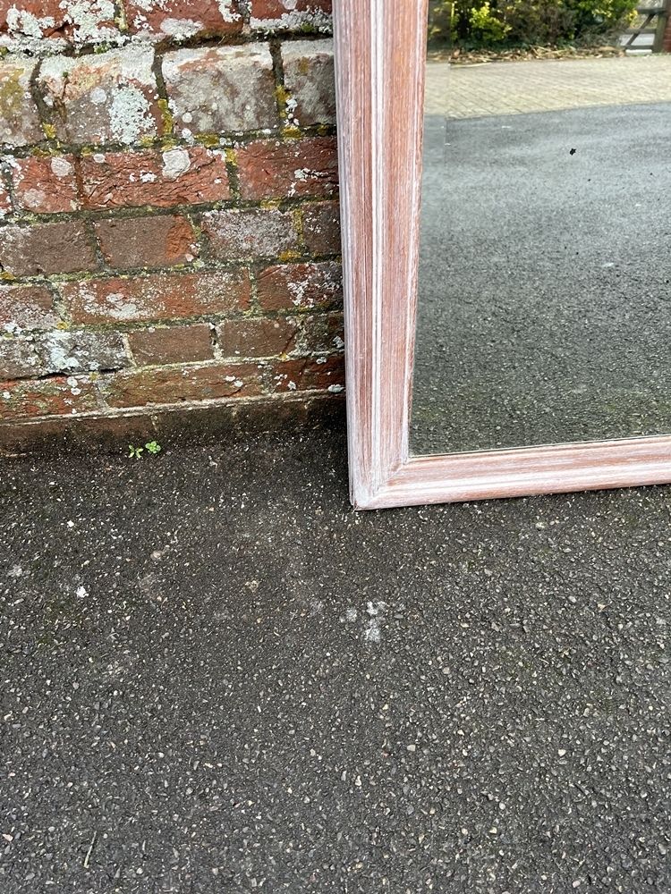 A Wonderful Large Antique French 19th Century Carved Wood Shaped Top Painted Mirror. photo for sale