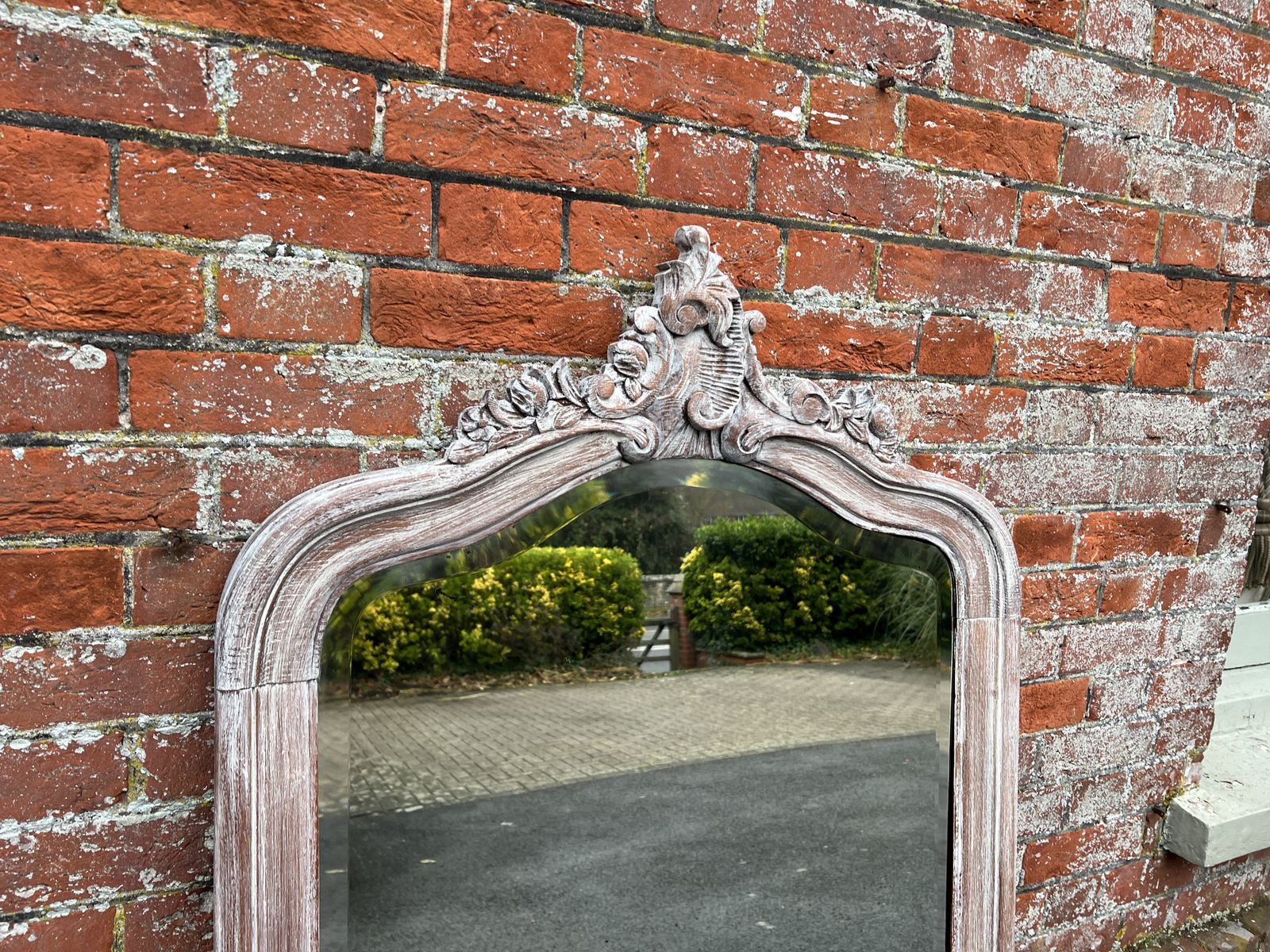 A Wonderful Large Antique French 19th Century Carved Wood Shaped Top Painted Mirror. photo Home Decor