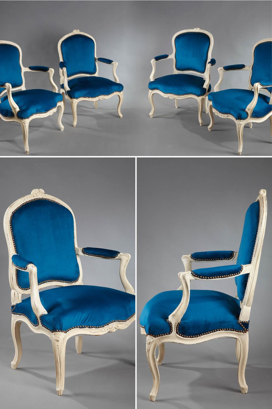 Four Peacock Blue Velvet Armchairs From The Louis XV Period