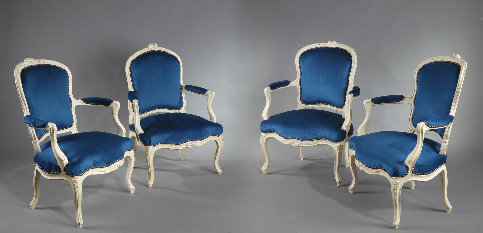Four Peacock Blue Velvet Armchairs From The Louis XV Period photo furniture
