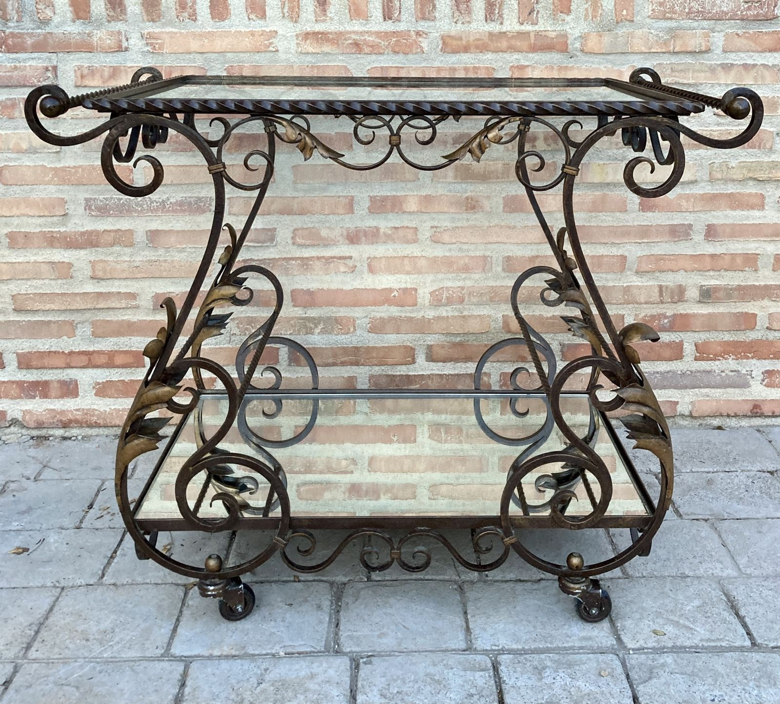 19th Century French Table Iron Bar Cart With Wheels And Two Mirror Tops photo furniture