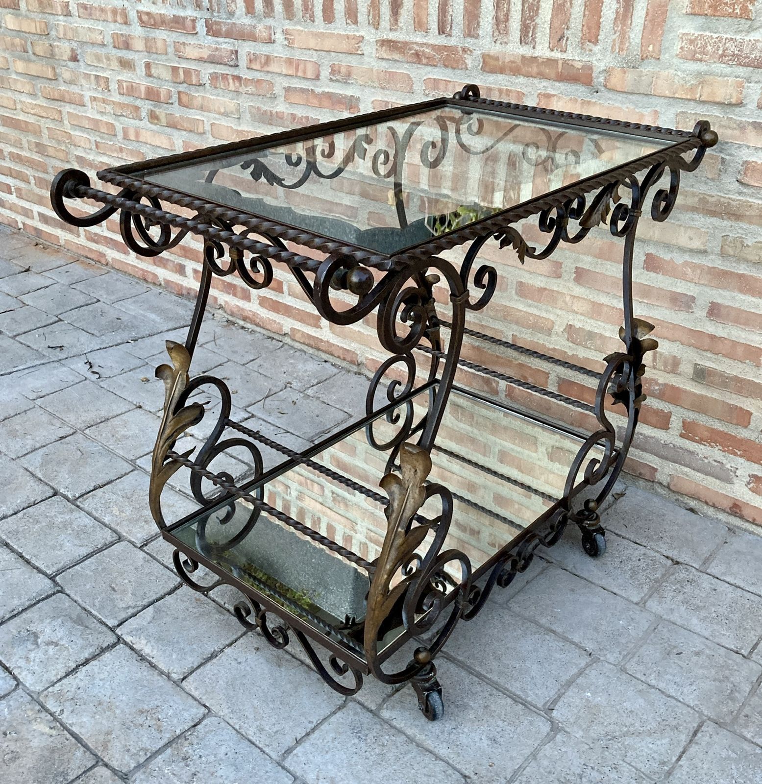 Home Decor 19th Century French Table Iron Bar Cart With Wheels And Two Mirror Tops photo