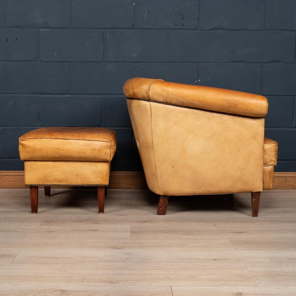 20th Century Dutch Sheepskin Leather Tub Chair & Footstool photo 2156.0