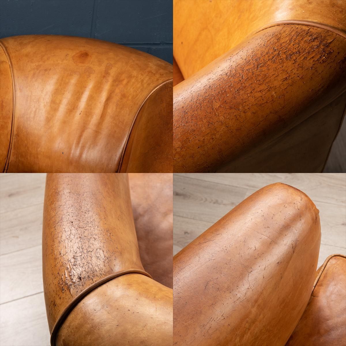 20th Century Dutch Sheepskin Leather Tub Chair & Footstool photo buy