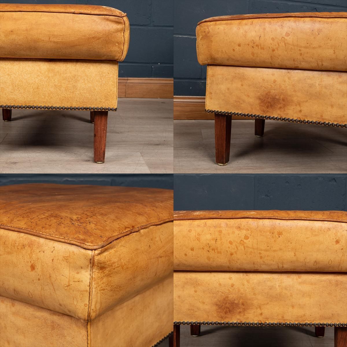 Furniture 20th Century Dutch Sheepskin Leather Tub Chair & Footstool photo