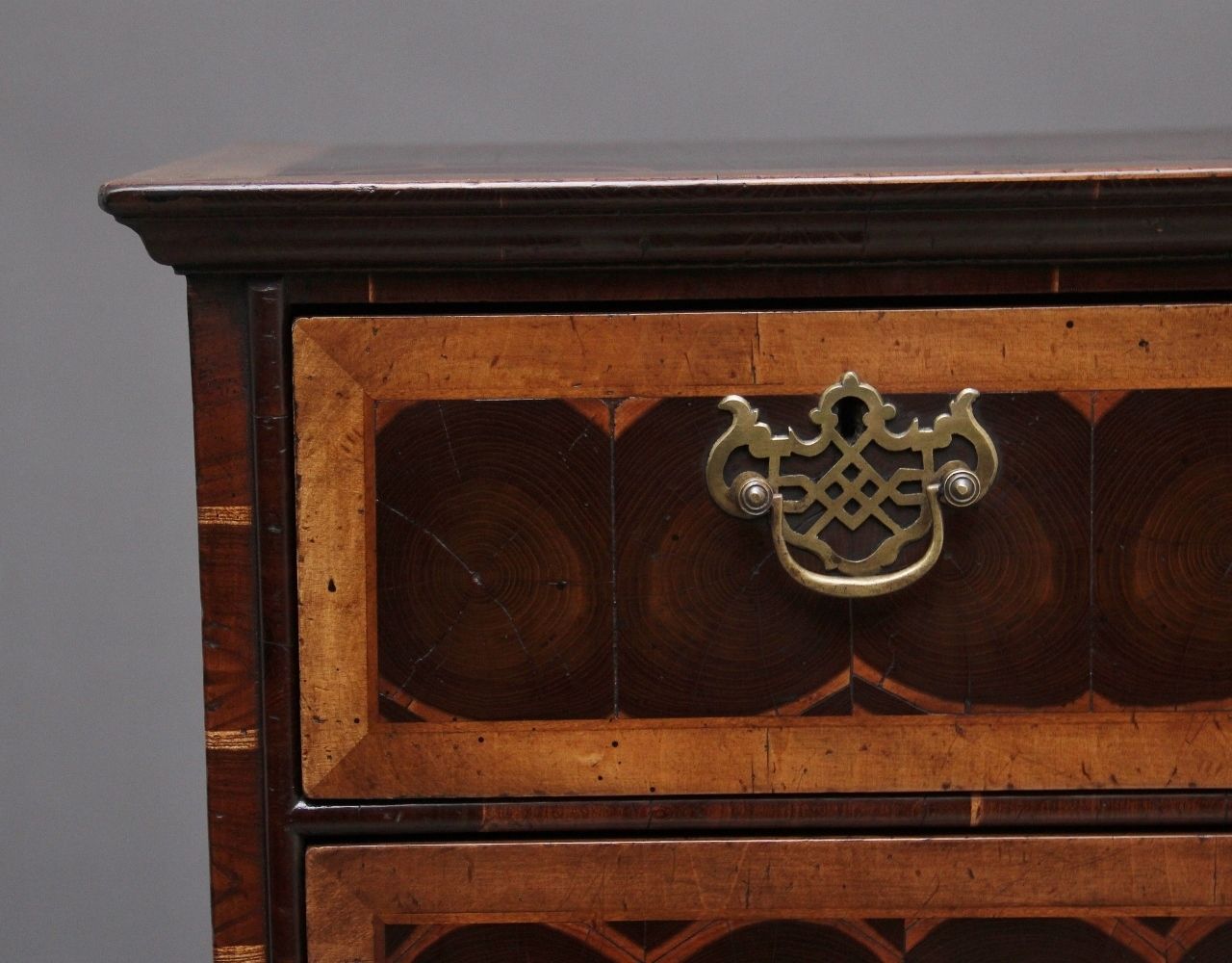 photo furniture Early 20th Century Laburnam Oyster Chest On Stand In The Style Of William & Mary