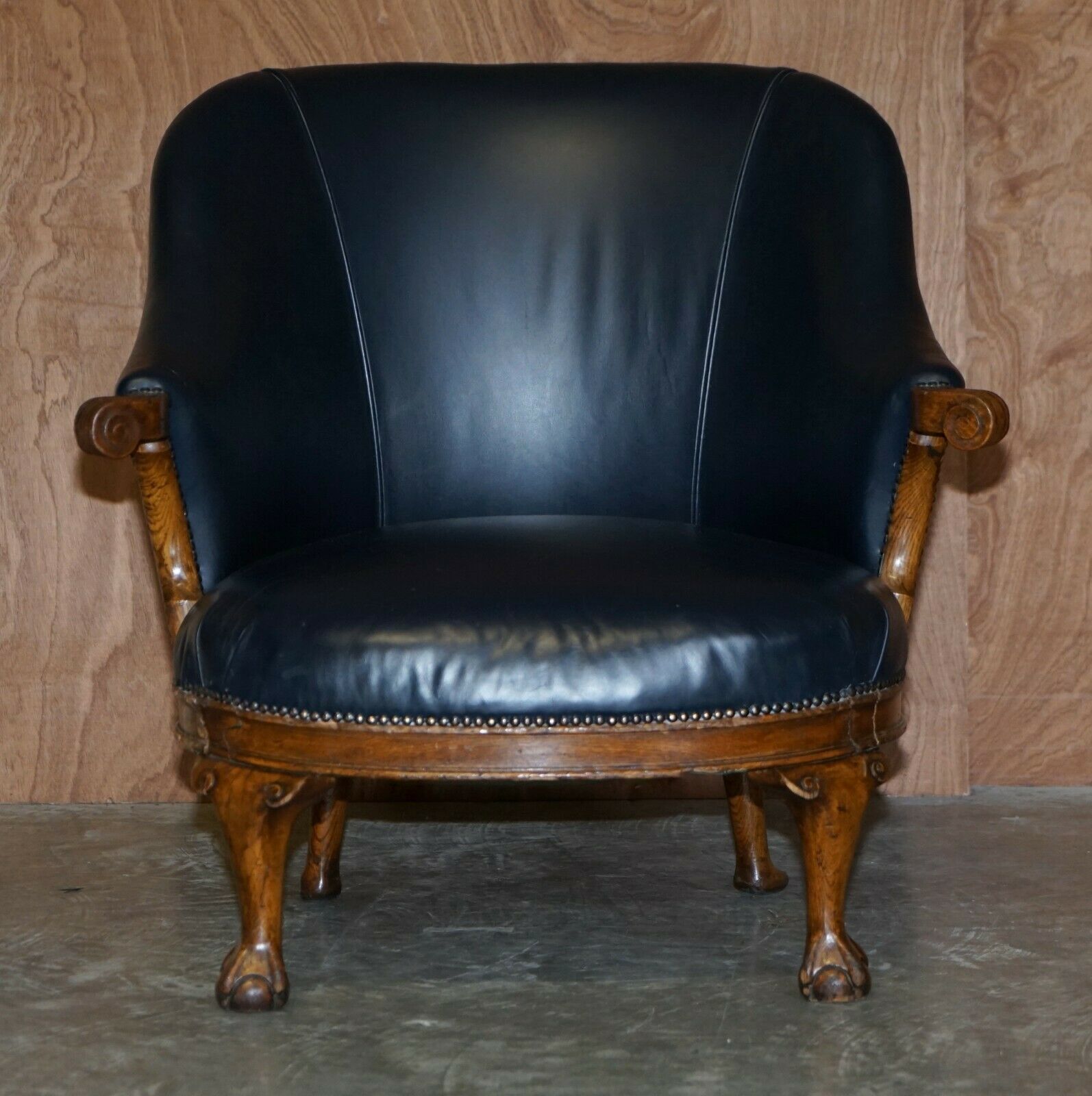 Antique Regency Circa 1810 1820 Claw & Ball Oak Framed Blue Leather Armchair photo furniture