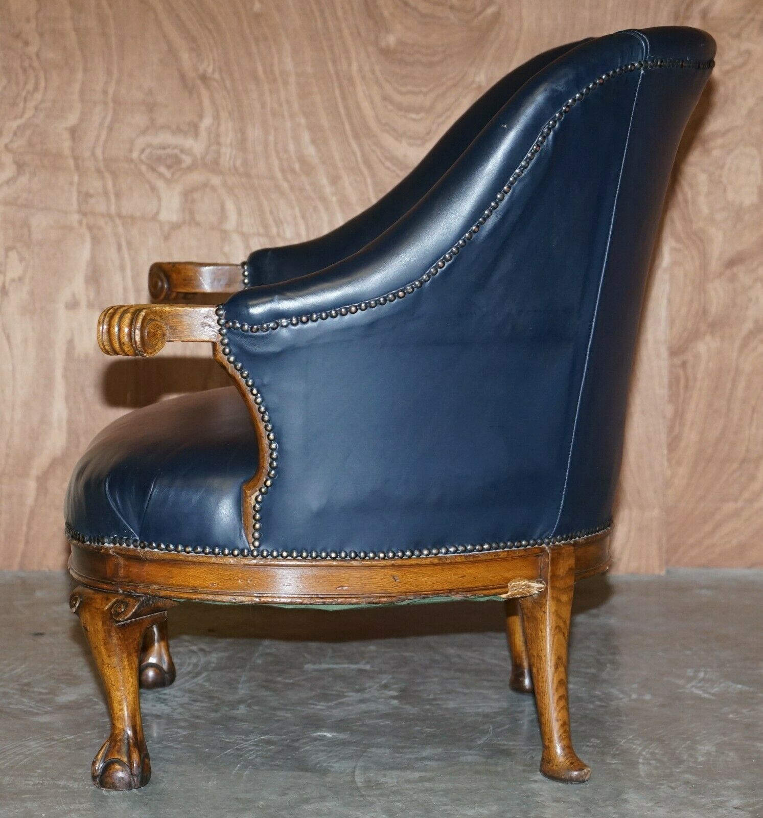 Furniture Antique Regency Circa 1810 1820 Claw & Ball Oak Framed Blue Leather Armchair photo