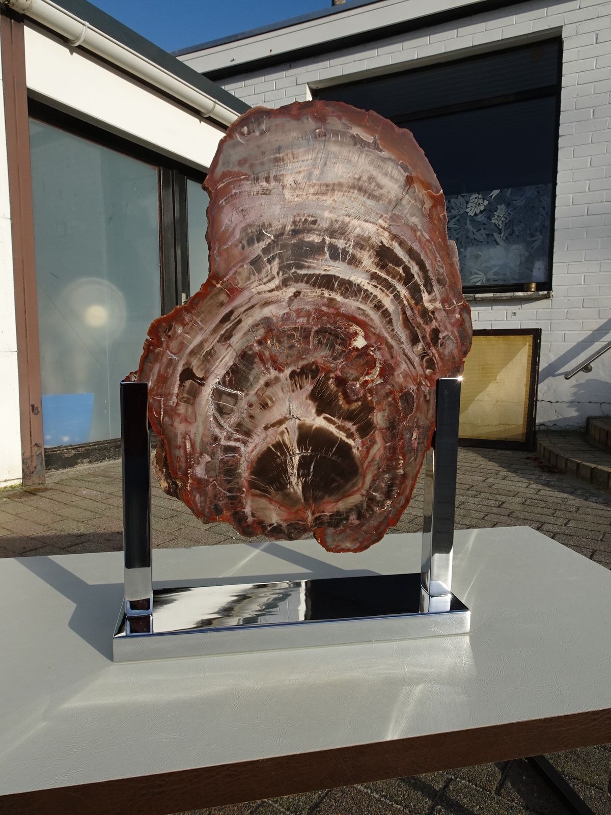 Large Vintage Fossil Petrified Wood Sculpture On Chrome Base 1970s In The Manner Of Ado Chale photo for sale