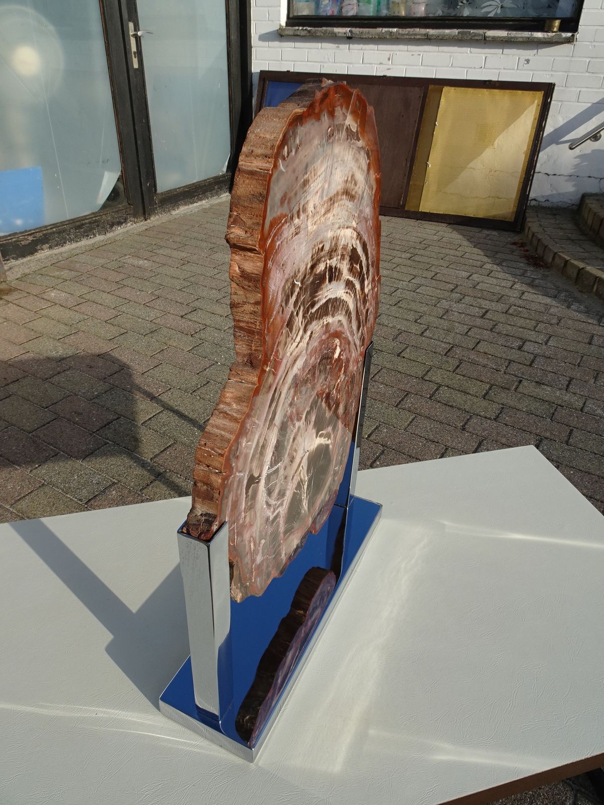 Large Vintage Fossil Petrified Wood Sculpture On Chrome Base 1970s In The Manner Of Ado Chale photo buy