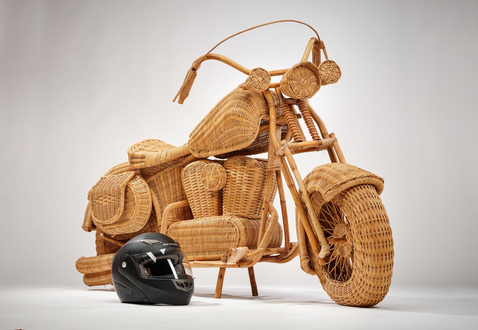 Full Size Vintage Rattan, Bamboo And Wicker Harley Davidson 'Moto' Motorcycle Circa 1980s By Tom Dixon For Habitat. 2 Available