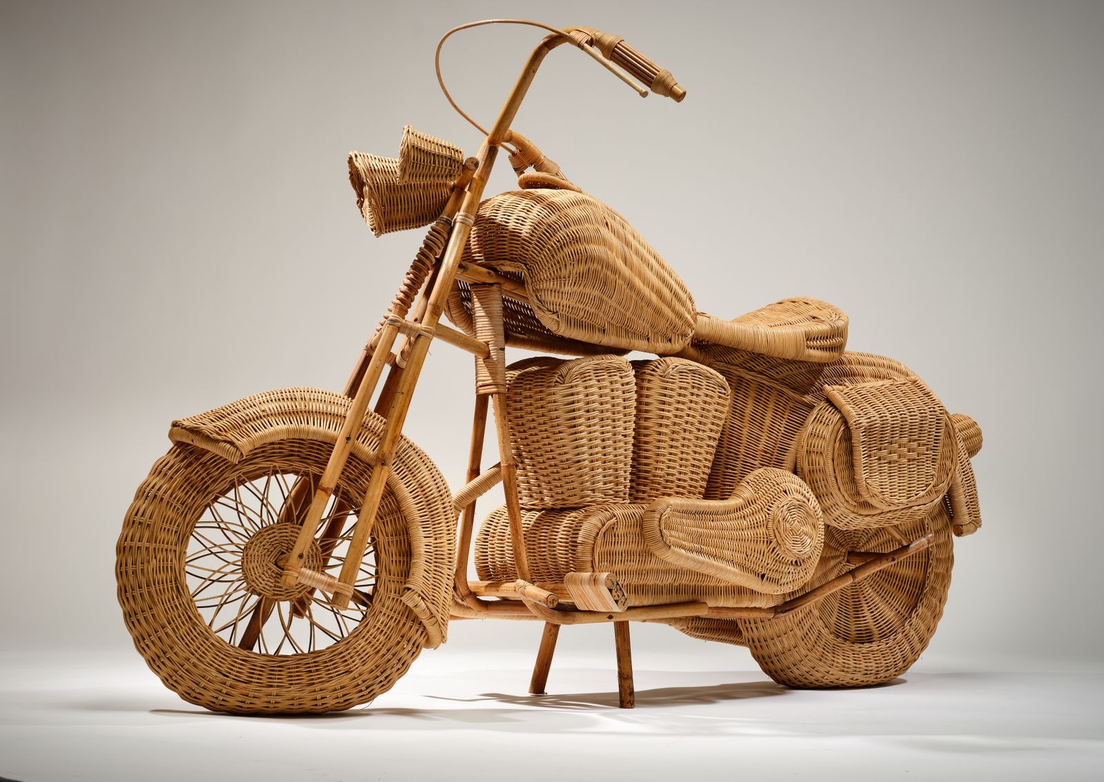 Full Size Vintage Rattan, Bamboo And Wicker Harley Davidson 'Moto' Motorcycle Circa 1980s By Tom Dixon For Habitat. 2 Available photo vintage
