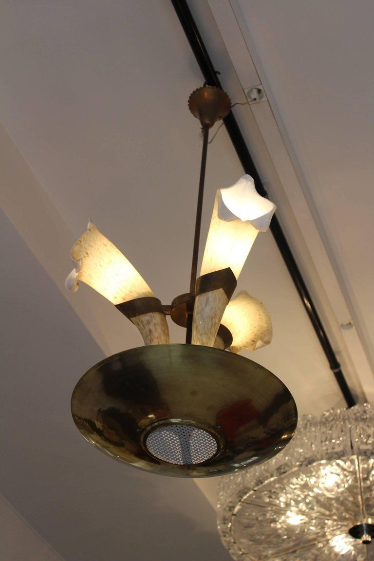 Italian Chandelier With Murano Glass Cornucopias By Barovier, Circa 1960 photo Lighting