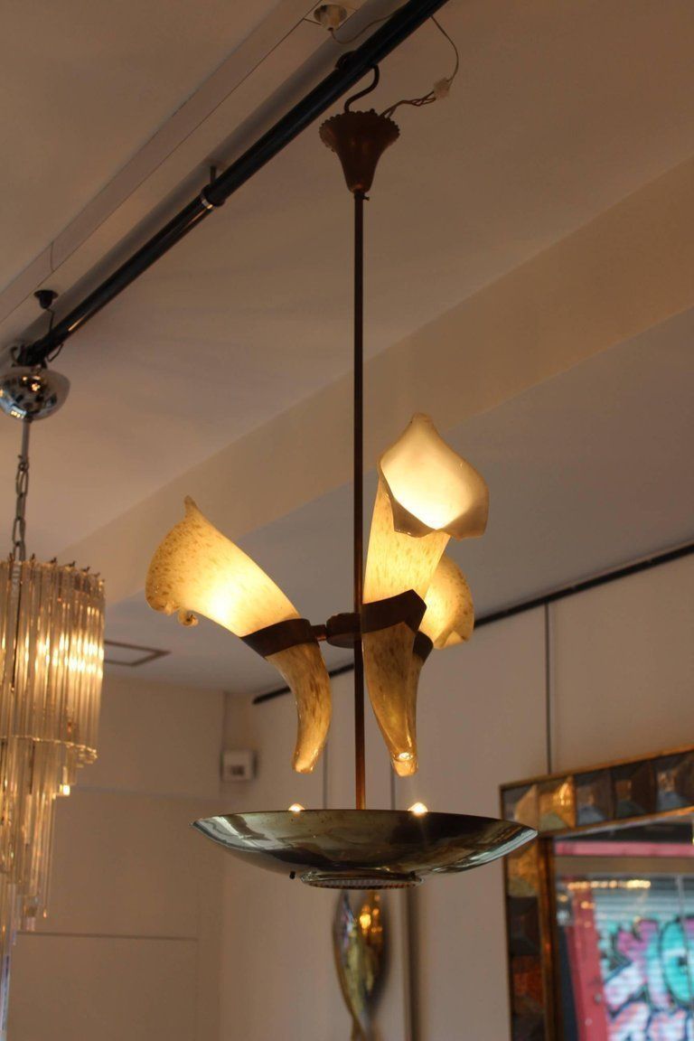 Italian Chandelier With Murano Glass Cornucopias By Barovier, Circa 1960 photo vintage