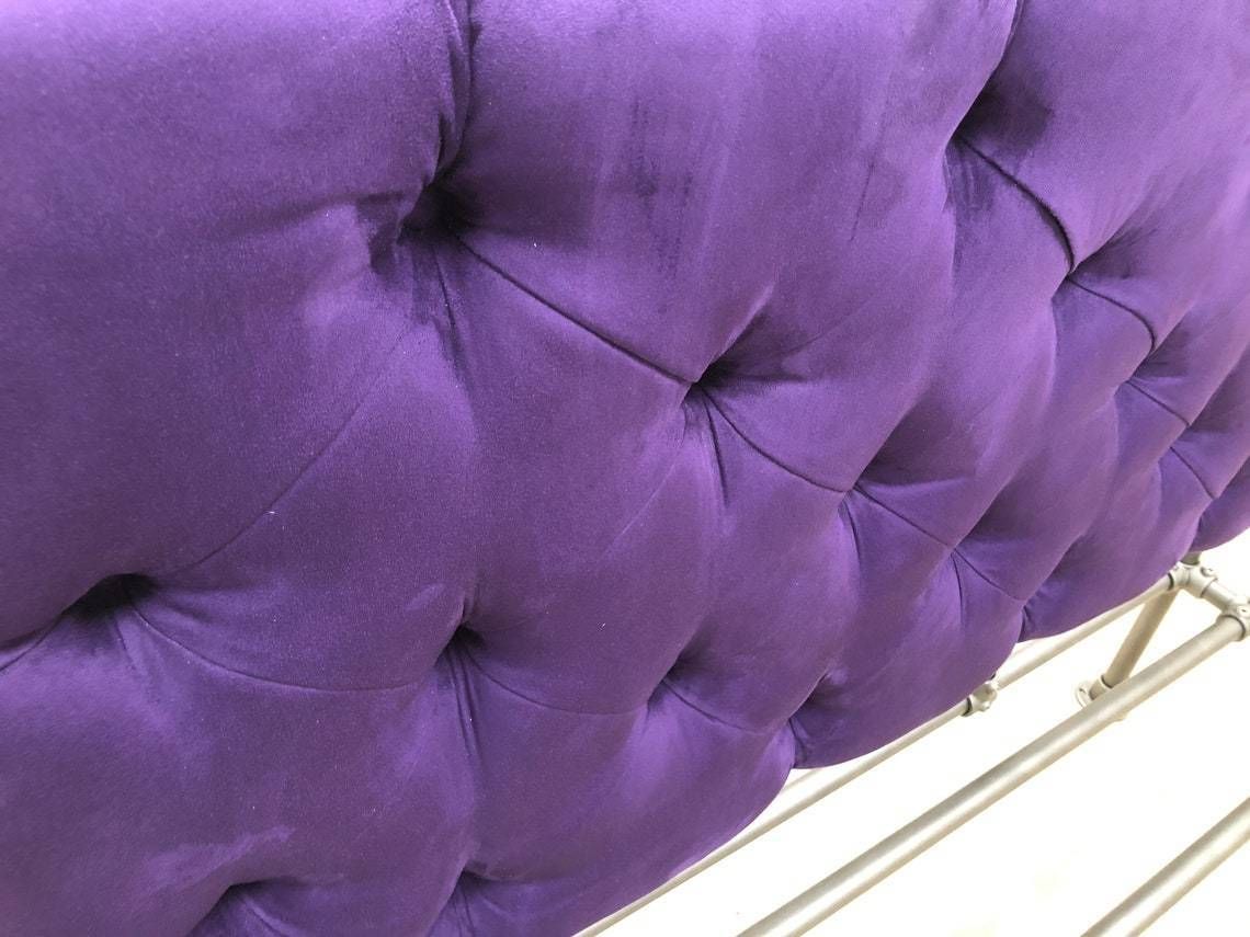 Relugas Industrial Steel Pipe Kingsize Bed Frame With Designers Guild Purple Faux Suede Deep Buttoned Padded And Upholstered Headboard photo 2220.0